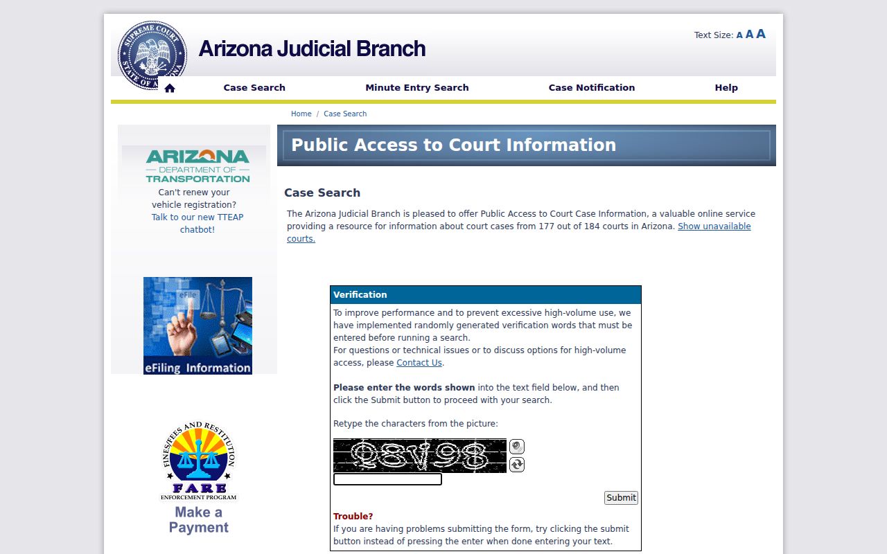 Arizona Public Access lookup for Coconino County criminal court records